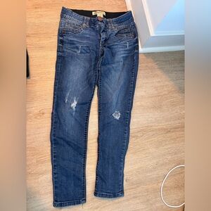 Democracy Skinny Jeans in Dark Wash Blue with Knee Distressing
